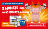 Werbebanner: Digitales Abo für 3 Monate nutzen, nur 2 Monate zahlen, plus 30 Euro Bonus für die ersten 30 Neukunden. Motiv:  Fitness-Schwein stemmt Gewichte.