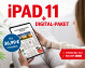 Eine Frau sitzt auf einem Sofa und hält ein iPad 11 Tablet, das das digitale Zeitungsangebot für nur 36,99 Euro monatlich zeigt.