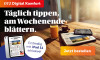 Ein Tisch mit einem iPad, einer Zeitung und Getränken, bewirbt das Abo-Angebot für Digital Komfort mit iPad 11 inklusive.