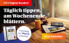 Ein Tisch mit einem iPad, einer Zeitung und Getränken, bewirbt das Abo-Angebot für Digital Komfort mit iPad 11 inklusive.